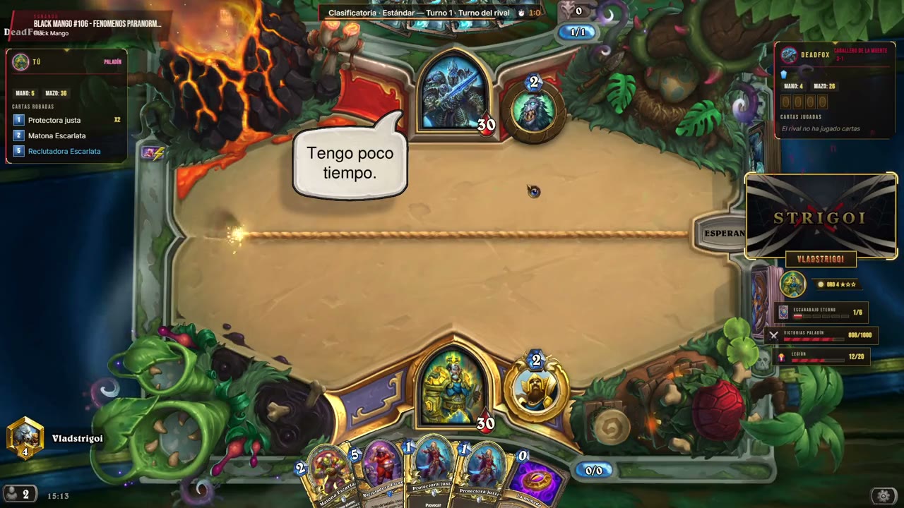 Partida de Hearthstone con el overlay STRIGOI: paneles de mazo, barra de turno y escudo de jugador
